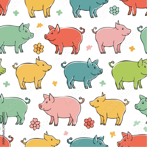 Colorful cartoon pigs seamless pattern vector