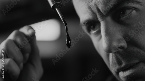 Close up of a person with a pipette and a dark liquid drop
