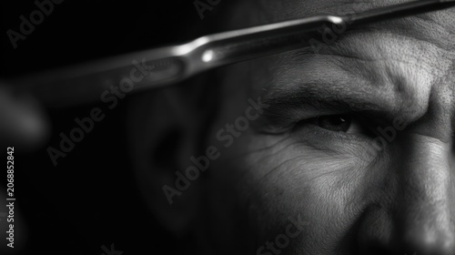 Close up of a person with a sharp object black and white photography