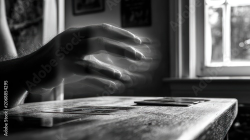 Blurred hand reaching for cards on a table in black and white photography