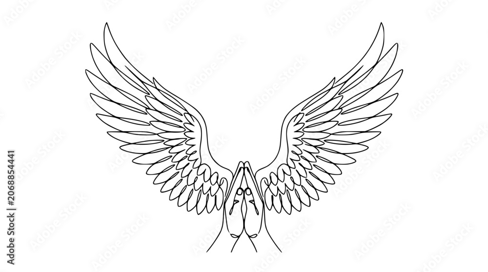 Fototapeta premium Minimalist line art of praying hands with angel wings on white background