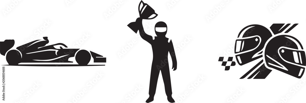 Naklejka premium Formula One Racing Car Driver and Helmets Black Silhouette Set