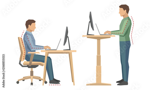 Ergonomic posture for sitting and standing workspace illustration