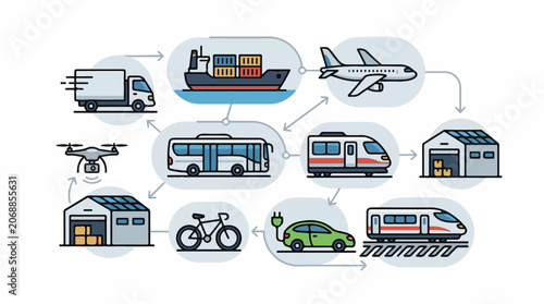 Colorful illustration of various transportation modes and logistics (1)