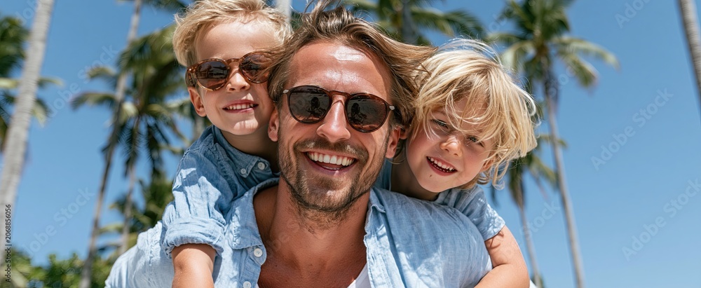 Obraz premium Father and son share joyful moments on a sunny tropical beach with palm trees and clear skies.