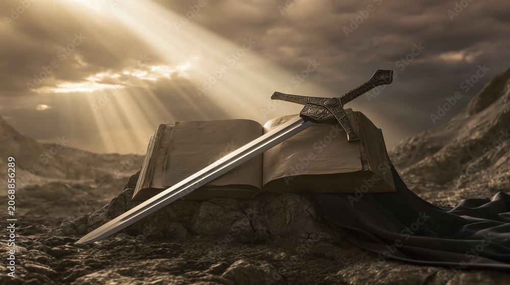 Obraz premium Bible and Sword Representing Faith, Strength and Protection