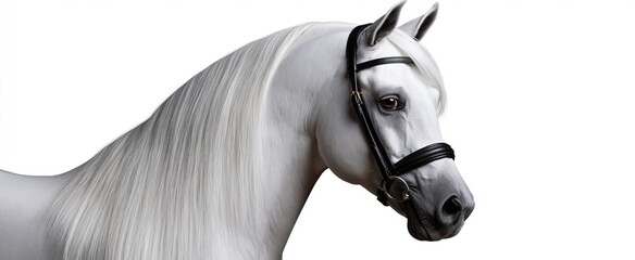 Graceful white Arabian horse with silky mane in a soft-lit setting 