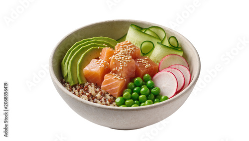 Obraz na płótnie Salmon poke bowl with quinoa avocado cucumber peas, and radish