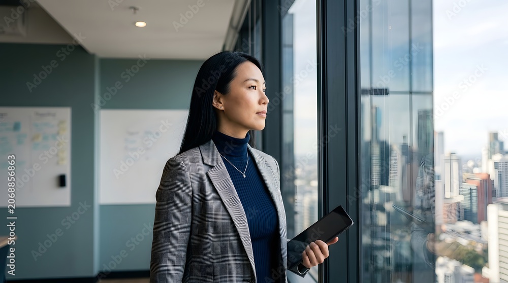 Fototapeta premium Businesswoman looking out office window, city view