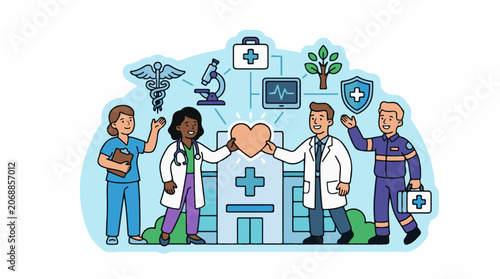 A diverse group of medical professionals standing in front of a hospital