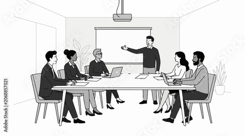 A diverse group of professionals engaged in a meeting around a large table (1)