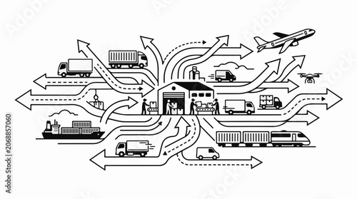 A detailed infographic illustrating various transportation modes and logistics