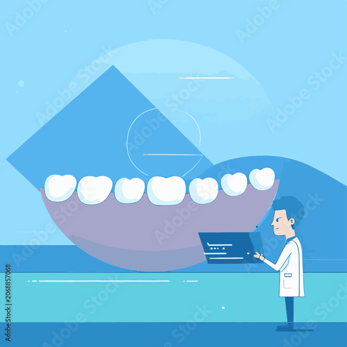 A dentist examines a giant tooth model on a laptop