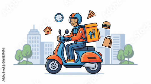 A delivery person riding a scooter through the city with food