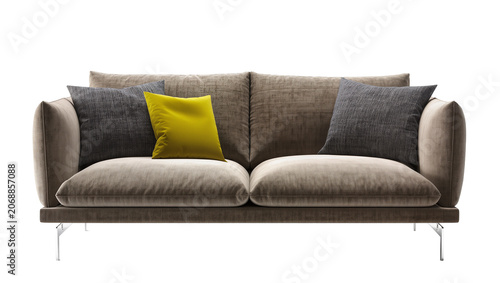 Canvastavla Modern taupe fabric sofa with two grey and one yellow throw pillows