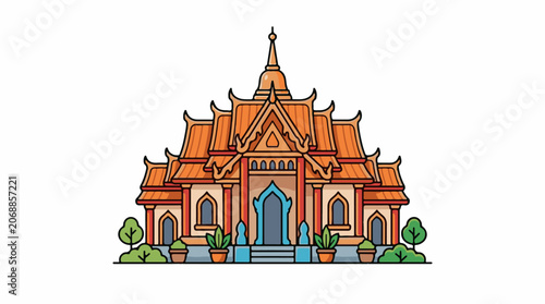 A colorful illustration of an Asian-style temple with orange roof and blue door