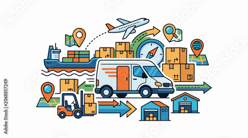 A colorful illustration depicting various modes of transportation and logistics