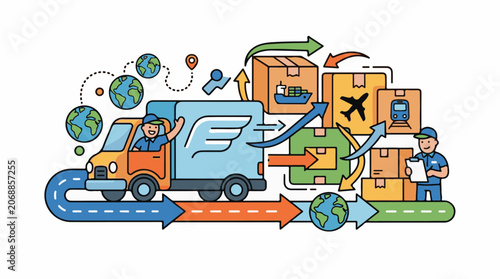 A colorful illustration depicts delivery truck with driver, another worker, and various boxes