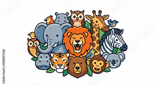A colorful cartoon illustration of various animals
