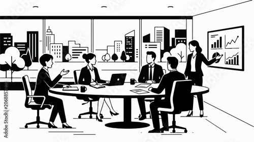 A black-and-white illustration of a business meeting in a modern office with city view
