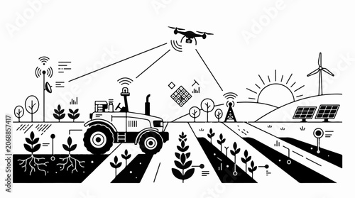 A black-and-white illustration depicting a futuristic farm with a tractor, drone, solar panels, and wind turbine