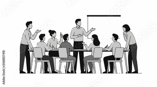 A black and white illustration of people sitting around a table with two standing