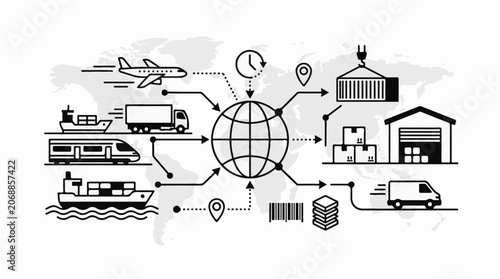 A black and white illustration of global logistics with various transportation modes