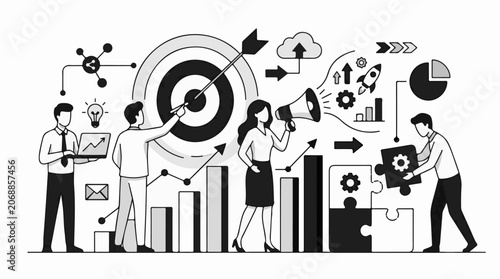 A black and white illustration depicting a group of four business people engaged in strategic planning with various charts and graphs