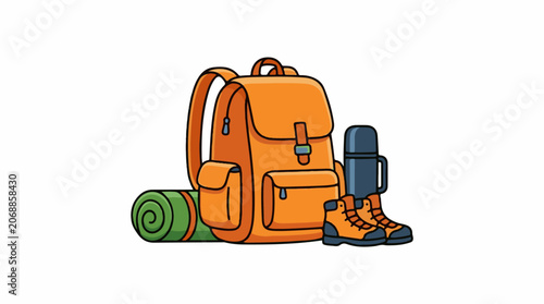 A cartoon illustration of an orange backpack, hiking boots, thermos and sleeping mat
