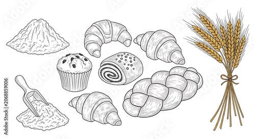 Collection of baked goods and ingredients with wheat stalks