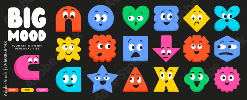 Cute geometric shapes with expressive faces and emotions. Colorful abstract figures featuring smiles, eyes, and playful characters for modern design projects