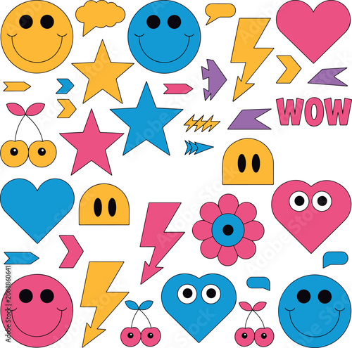Colorful Stickers with Smiley Faces, Hearts, Stars and and Emoticons on White Background