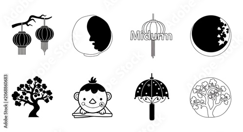 Collection of stylized illustrations representing traditional cultural elements