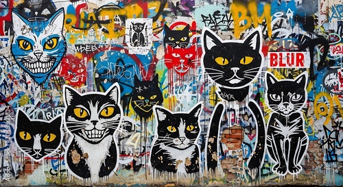 Collection of stylized cat faces and full body figures against graffiti wall art