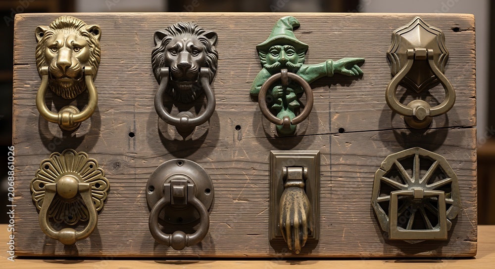 Fototapeta premium Collection of vintage ornate door knockers on wooden board