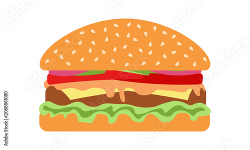 Juicy cheeseburger with fresh lettuce, melted cheese, tomato slices and sesame bun, colorful fast food illustration for menu designs