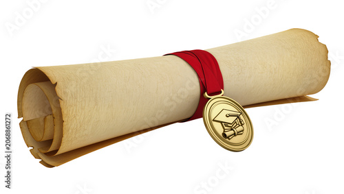Fotografie Rolled diploma scroll with red ribbon and graduation medal