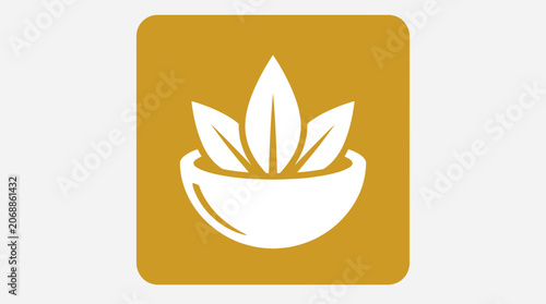 Square gold icon with white bowl and green leaves for wellness.