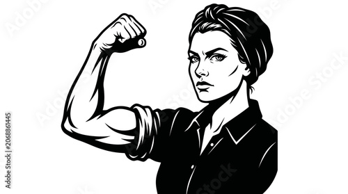 Strong woman flexing her bicep in a classic black and white illustration.