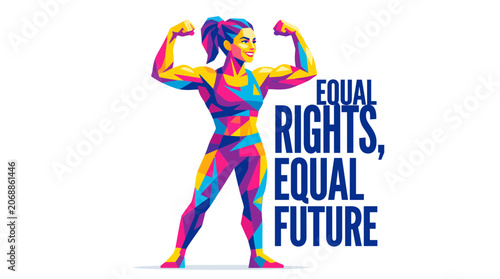 Strong muscular woman with equal rights text illustration.