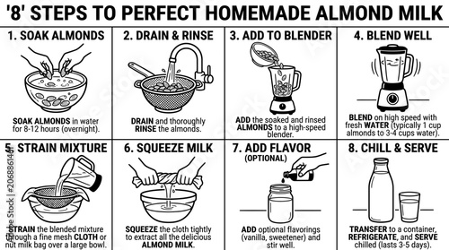 Step-by-step infographic guide for making homemade almond milk from scratch.