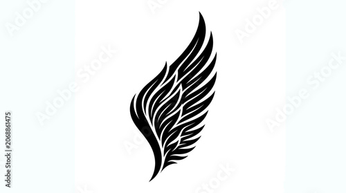 Stylized black wing silhouette with elegant curved feathers on white background.