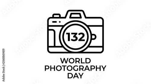 Stylized camera line art icon with text for World Photography Day.
