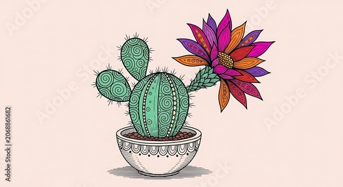 Colorful blooming cactus plant in decorative pot with intricate patterns