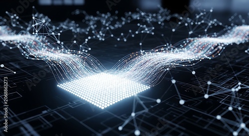 Digital data flow into glowing central processor unit with network connections