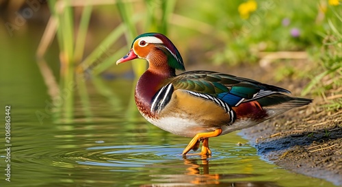 Colorful mandarin duck stands in shallow water near shore with greenery