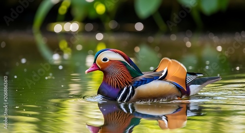 Colorful mandarin duck swimming in serene water reflecting greenery