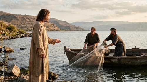 Jesus calling fishermen brethren Peter and Andrew on shore of sea of Galilee. Biblical scene of Christ inviting disciple to follow Him. Religious historical event from New Testament.