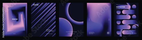 Futuristic gradient poster vector collection. Abstract purple blue backgrounds with glowing geometric shapes for cover, banner and digital design.