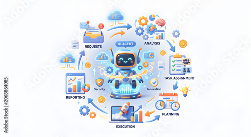 AI Agent Managing Business Workflow. Clean 3D Illustration.
